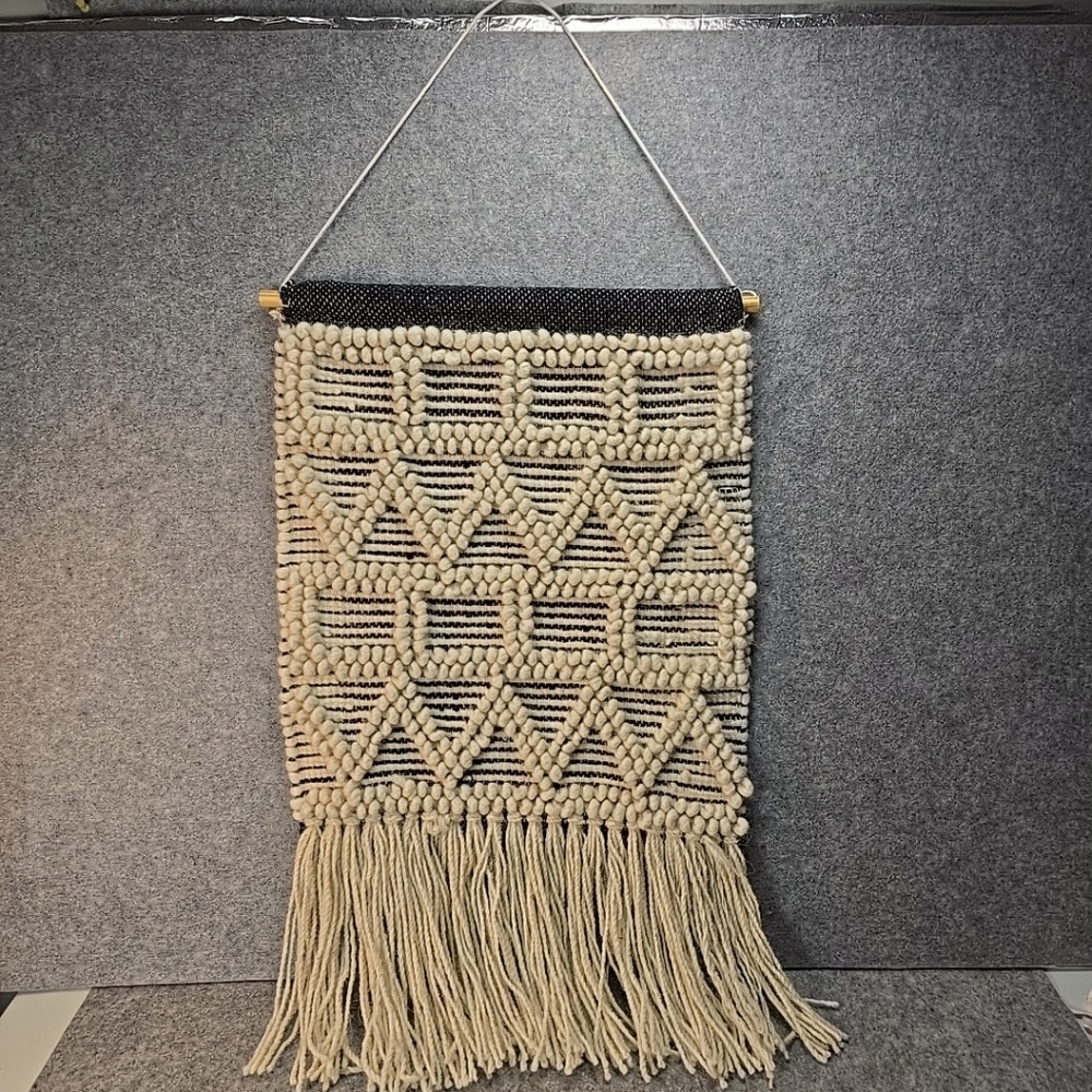 Wool Woven Art Wall Hanging Black Cream Geometric Fringed Textured 31x19" Boho